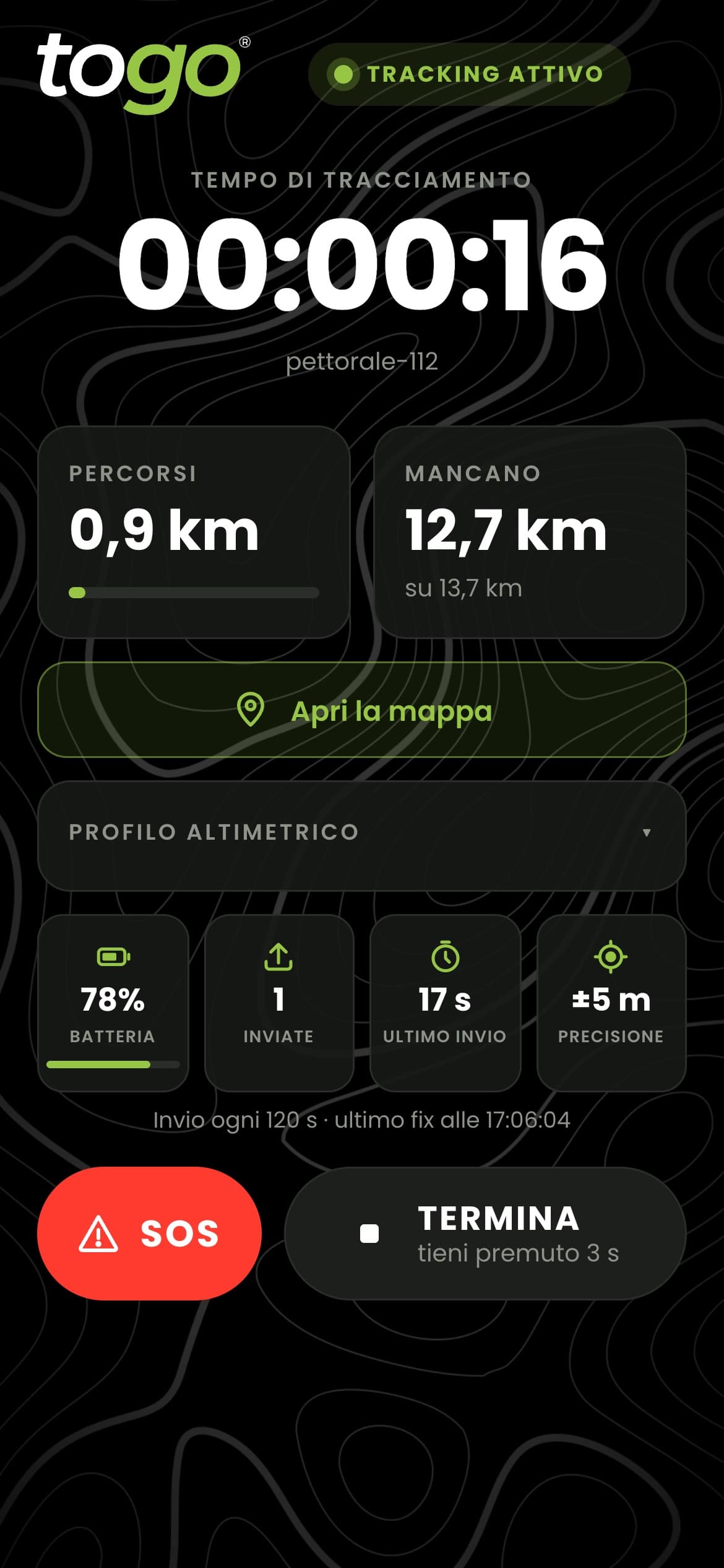 L'app Track Togo durante il tracciamento