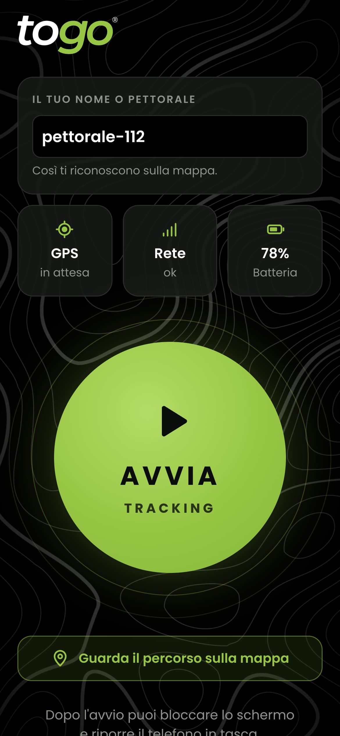 Schermata iniziale dell'app Track Togo con il tasto Avvia tracking